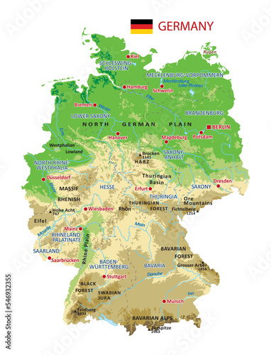 High detailed Germany physical map with regions, rivers, lakes, mountains and topography - Vector illustration