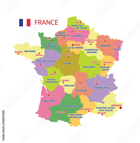 Vector Map of France with detailed Administrative divisions and borders, City and Region Names and international bordering countries in bright colors palette