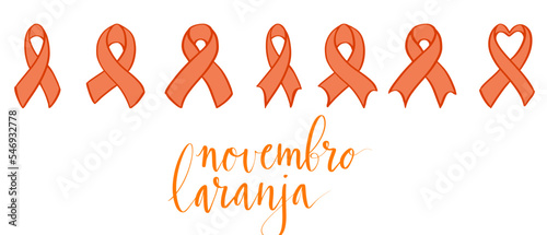 Novembro Laranja translation from portuguese November Orange, Brazil campaign for tinnitus awareness. Handwritten calligraphy and awareness ribbon vector