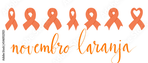 Novembro Laranja translation from portuguese November Orange, Brazil campaign for tinnitus awareness. Handwritten calligraphy and awareness ribbon vector