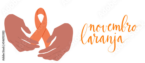Novembro Laranja translation from portuguese November Orange, Brazil campaign for tinnitus awareness. Human hands holding awareness ribbon vector