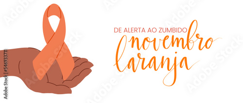 Novembro Laranja translation from portuguese November Orange, Brazil campaign for tinnitus awareness. Human hands holding awareness ribbon vector