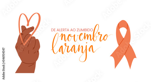 Novembro Laranja translation from portuguese November Orange, Brazil campaign for tinnitus awareness. Handwritten calligraphy and human hands in heart shape vector