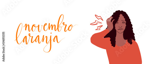 Novembro Laranja translation from portuguese November Orange, Brazil campaign for tinnitus awareness. Latina woman holding to her ear illustration vector
