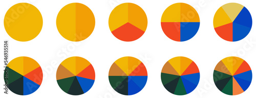 Circle pie chart icons. Colorful diagram with 10 sections. Vector illustration isolated on white background