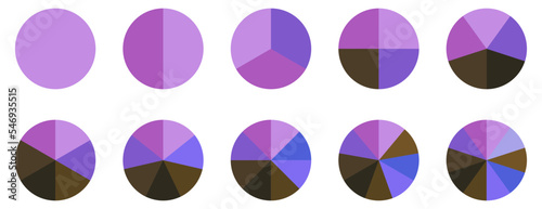 Colorful diagram with 10 sections. Circle pie chart icons. Vector illustration isolated on white background