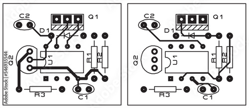 Tracing the conductors of a printed circuit board.
Vector drawing a1 of printed tracks, transition holes,
contact pads and copper metallization areas.
Silkscreen printing, assembly drawing.