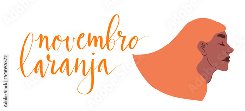 Novembro Laranja translation from portuguese November Orange, Brazil campaign for tinnitus awareness. Latina woman with orange hair illustration vector