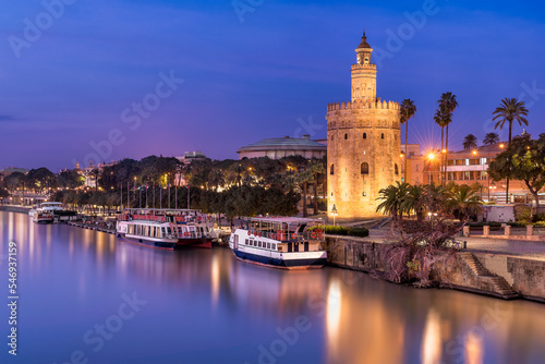 Scenic view of Seville by night with Torre del Oro reflection in water