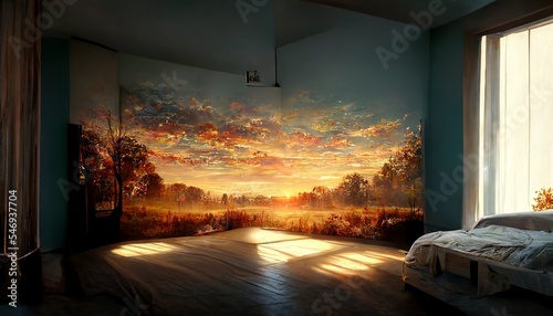 Dawn wallpainting in the bedroom design illustration