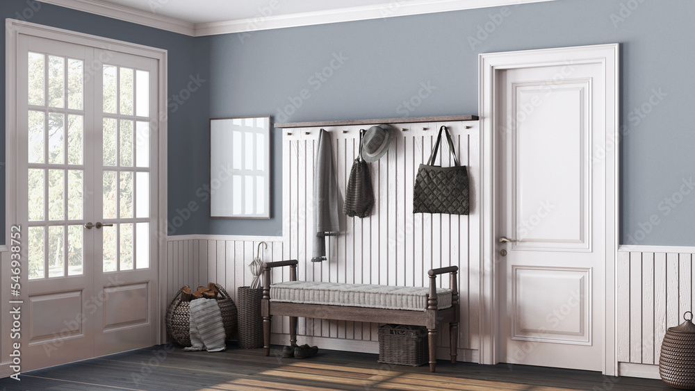 Farmhouse hallway in white and dark tones. Wooden bench and coat rack. Glass entrance door, vintage interior design Farmhouse hallway in white and dark tones. Wooden bench and coat rack. Glass entrance door, vintage interior design