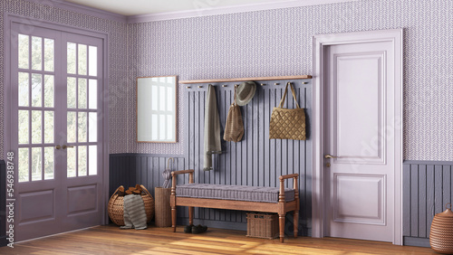 Farmhouse hallway in white and purple tones. Wooden bench and coat rack. Glass entrance door, vintage interior design