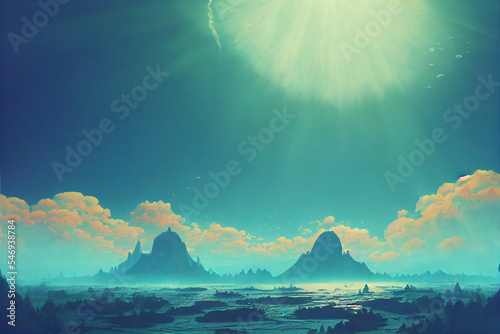Mountain and sea nature background in ghilbli style © Shades3d