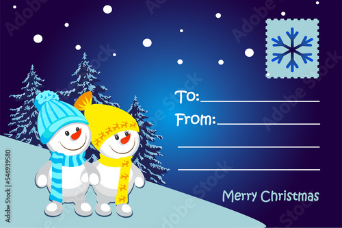 Merry Christmas, merry snowmen. Landscape. Greeting card. Blue background.