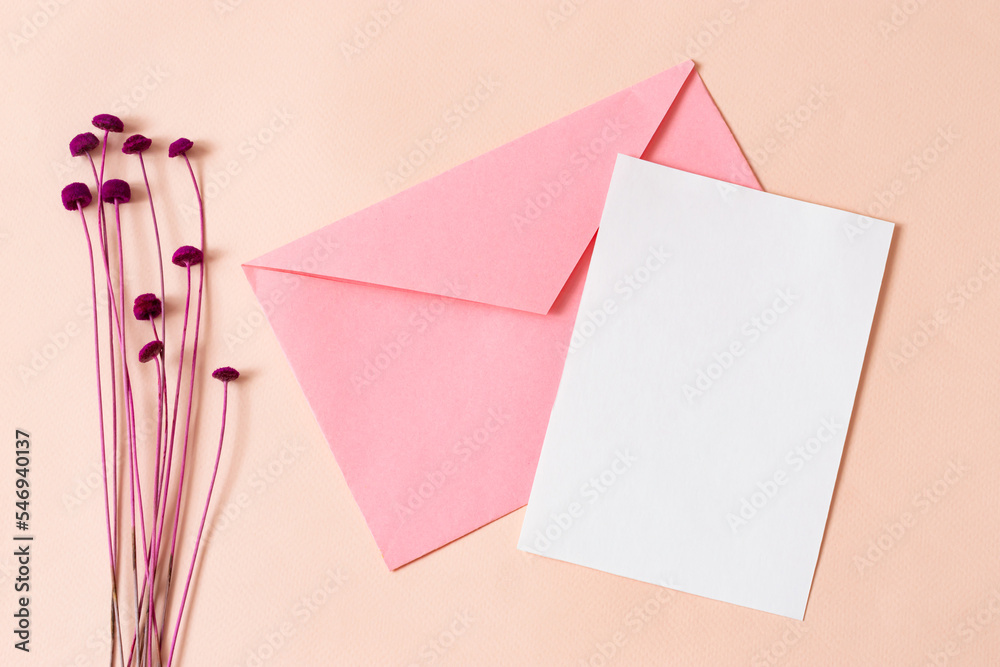Blank card mockup with pink envelope