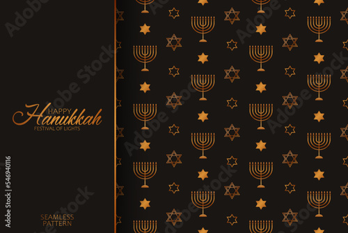 Festive seamless pattern with many golden candlesticks and stars of David on the black background for Hanukkah Jewish holiday. Luxury texture for banner, wallpaper, card or poster.