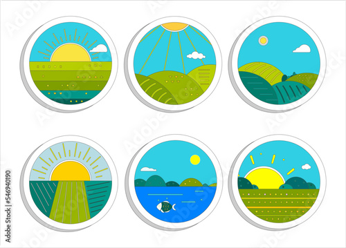 Farmland outline vector illustration set. Line cartoon vector illustration with rural farm fields landscapes.