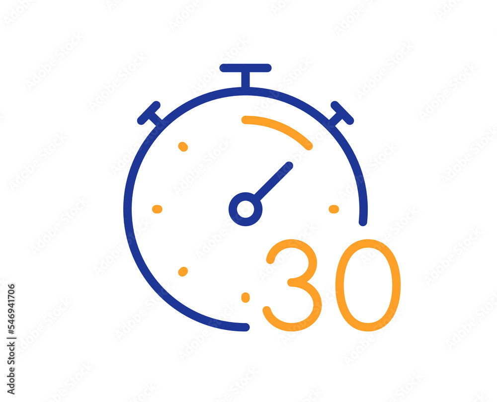Timer 30 minutes line icon. Stopwatch time sign. Countdown clock symbol