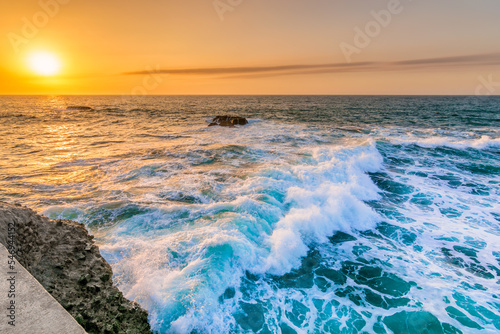 Scenic view of perfect summer golden sunset over the Atlantic ocean at Biarritz in France