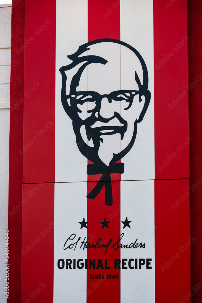 Kentucky Fried Chicken logo sign with Colonel Sanders logotype fried
