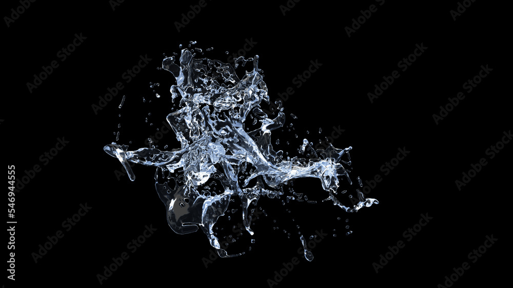 Water Splash with droplets on black background. 3d illustration. Water Splash with droplets on black background. 3d illustration.