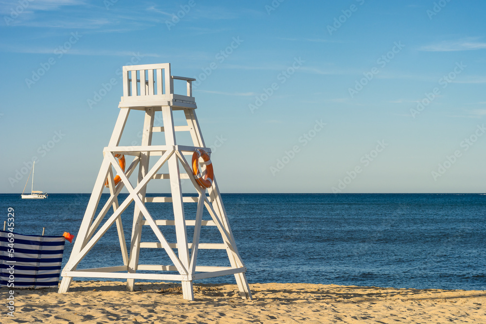 Scenic view of lifeguard chair at the Pampelone beach in Saint Tropez against Mediterranean sea in daylight
