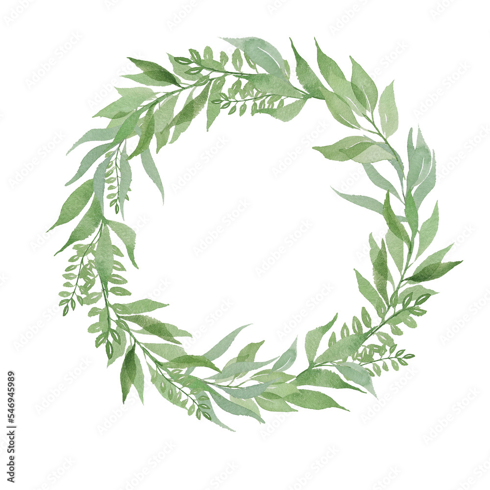 Watercolor greenery wreath. Gentle design green leaves templates for wedding design, invitation, postcards.