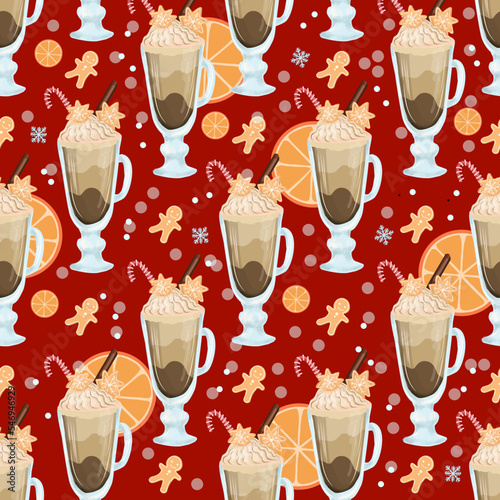 Seamless Christmas pattern. Wrapping paper for coffee bar. Cappuccino or frapuccino pattern. Hand drawn vector illustration. Winter drink with cream and spices.Christmas caramel. photo