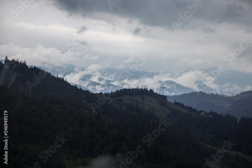 Dark forest mountain range in a misty gray deep fog in the Carpathians mountains, Chornogora, Ukraine