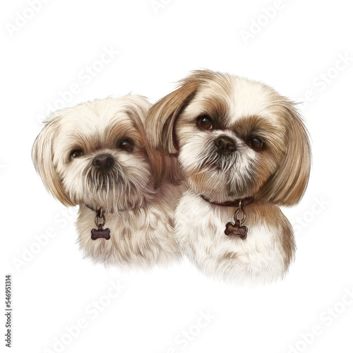 Portrait of two cute Shih Tzu Dogs. Toy or Miniature Poodle isolated on white background. Lap dogs. Hand drawn pet illustration. Animal art collection. Design template. Good for print T-shirt, pillow © TanyaZima