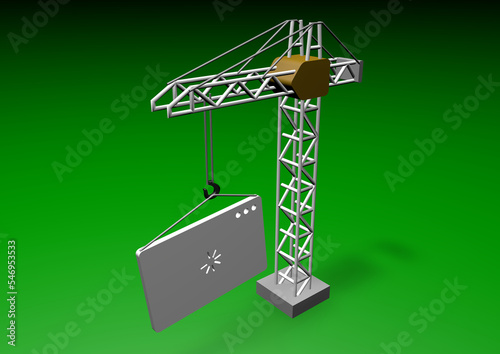 A construction crane stands on a construction site on a green background.3d render illustration.