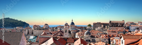 panoramic view to the city skyline of Dubrovnik's Old City while sunrise photo