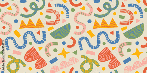 Abstract vintage style seamless pattern with colorful geometric shape decoration. Flat celebration cartoon background, simple festive shapes in bright childish colors. Birthday party concept print.