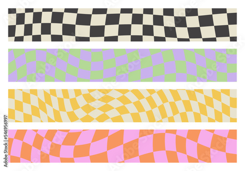 Colorful trendy checker board background template collection. Set of geometric pastel square texture in vintage y2k style.	Horizontal web header frame bundle.