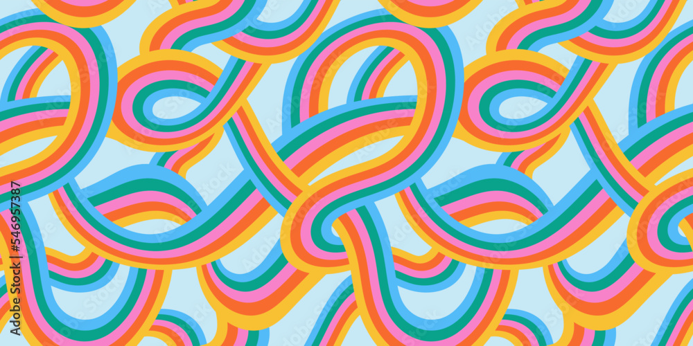 Retro 60s style rainbow seamless pattern with pastel color stripes. Vintage psychedelic wave cartoon background. Trendy hippie 70s stripe print illustration. - obrazy, fototapety, plakaty 