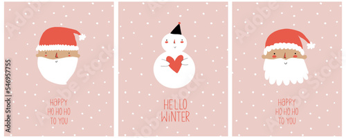 Cute Winter Holidays Vector Illustrations with Happy Santa Claus and Snowman on a Pastel Pink Background. Hand Drawn Christmas Print with Funny Santa in a Red Woolen Hat and Handwritten "ho ho ho".