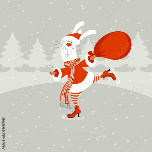 Cute santa claus bunny or rabbit holding red gift bag skating on snowing forest background. Editable christmas and new year vector illustration