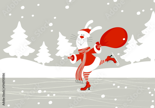 Cute santa claus bunny or rabbit holding red gift bag and christmas tree skating on white snowing forest background. Editable christmas and new year vector illustration