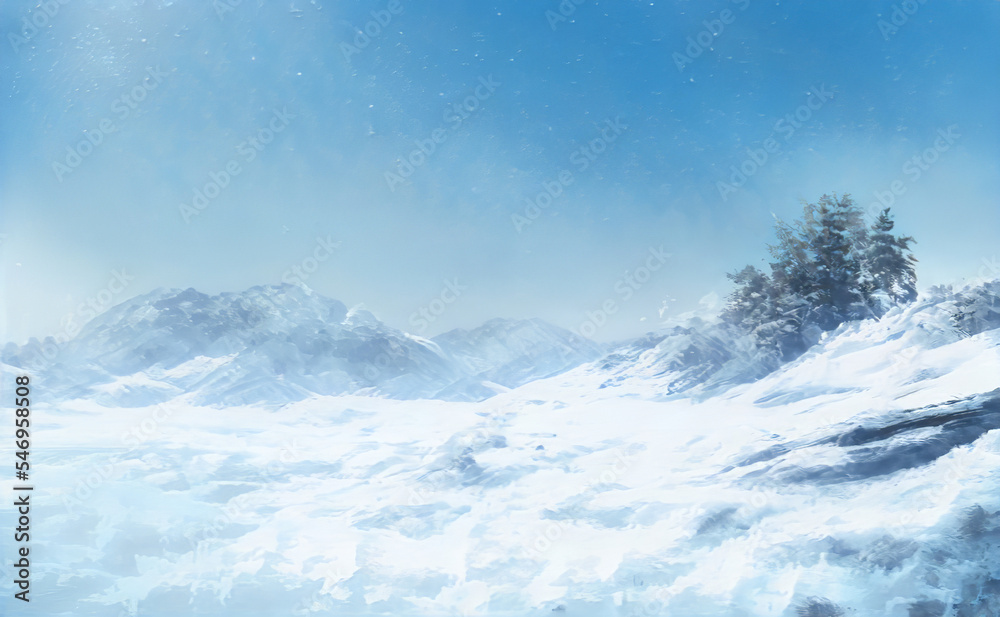 Christmas Fantastic Winter Epic Landscape of Mountains. Celtic Medieval forest. Frozen nature. Glacier in the mountains. Mystic Valley. Artwork sketch. Gaming RPG background. Game asset.  