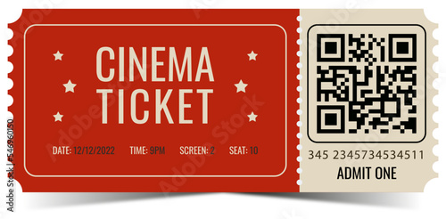 Cinema ticket isolated on white background. Realistic cinema or movie ticket template photo