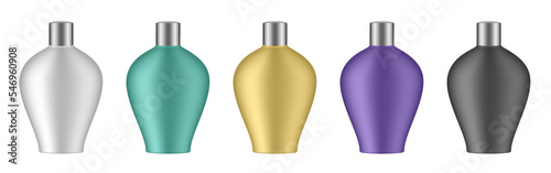 Set of white, green, gold, purple and black cosmetic bottles. Realistic mockup. Korean packaging. Lotion or shower gel