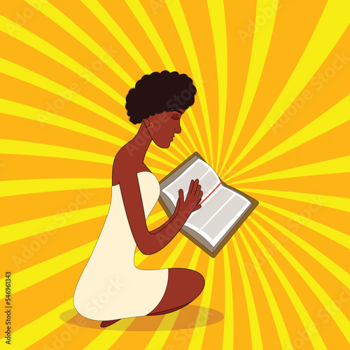 Prayer, blessing, religion, Bible, faith concept. Young happy religious woman or girl prays in a room above the open Bible. Asking, request. Faith in God drawn in cartoon style. Blessed light. Vector.