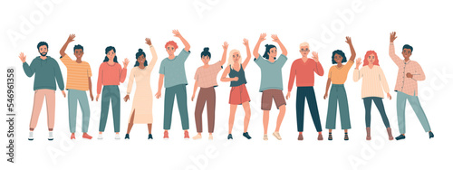 Growd of diverse friendly young men and women standing in long line with hands raised in greeting gesture. Welcome concept. Different nations people waving hand and saying hi. Flat vector illustration