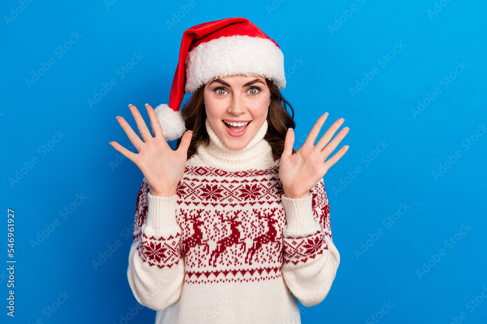 Obraz premium Photo of glad cheerful lady wear stylish ugly clothes showing two arms rejoice get gifts presents isolated on blue color background
