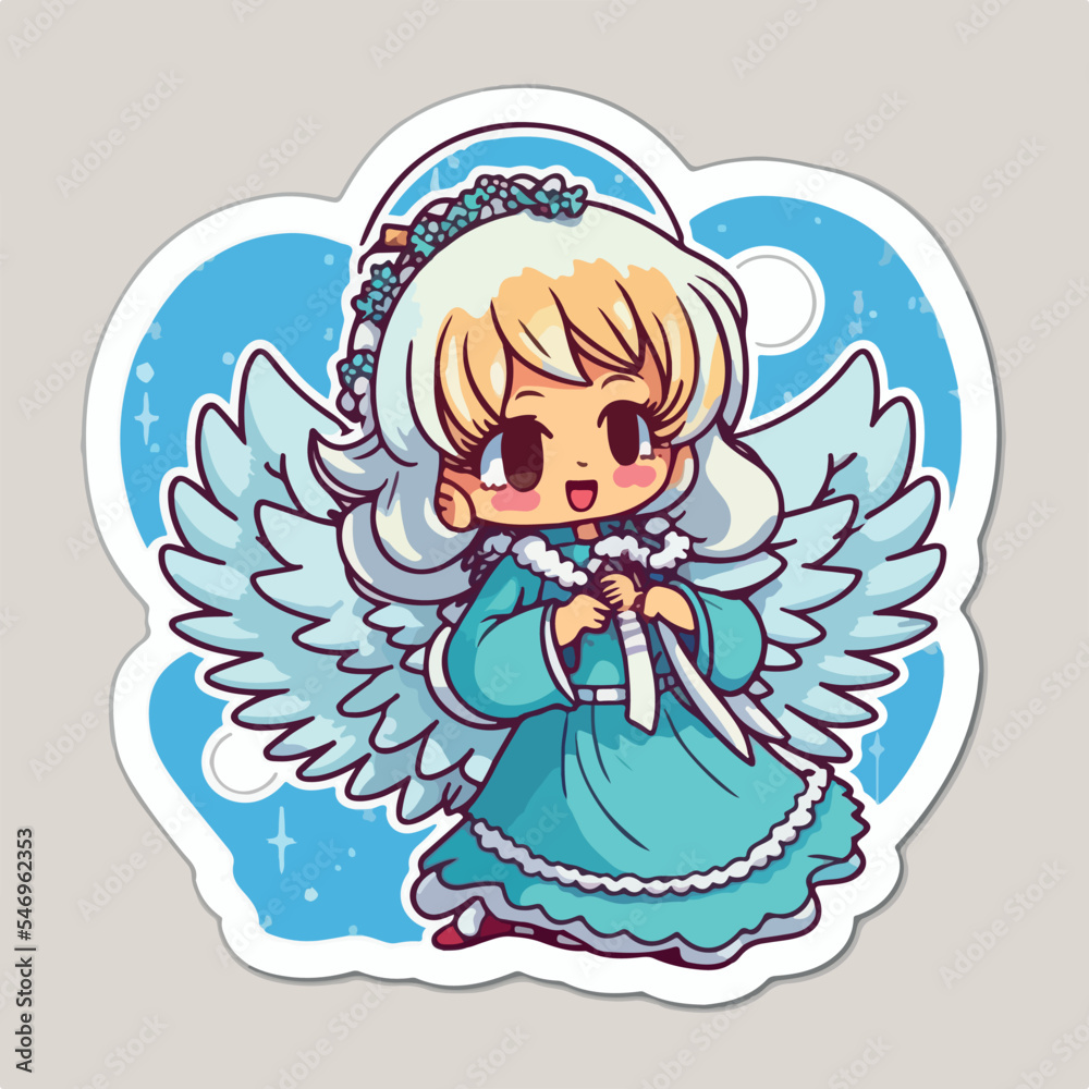 Christmas angel cartoon sticker, xmas wings angel character stickers. Winter holidays Christmas angel cartoon sticker, xmas wings angel character stickers. Winter holidays