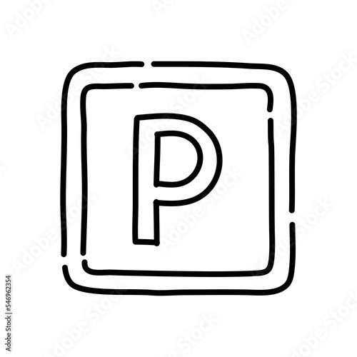 Parking sign doodle icon. Hand drawn black sketch. Vector Illustration.