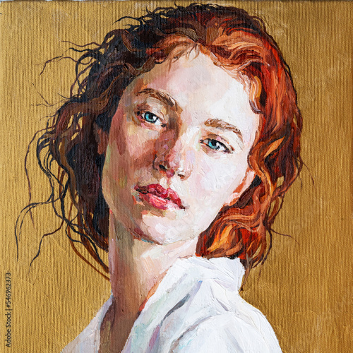 Oil painting. Portrait of a  red-haired  girl on a gold background. The art is done in a realistic manner.