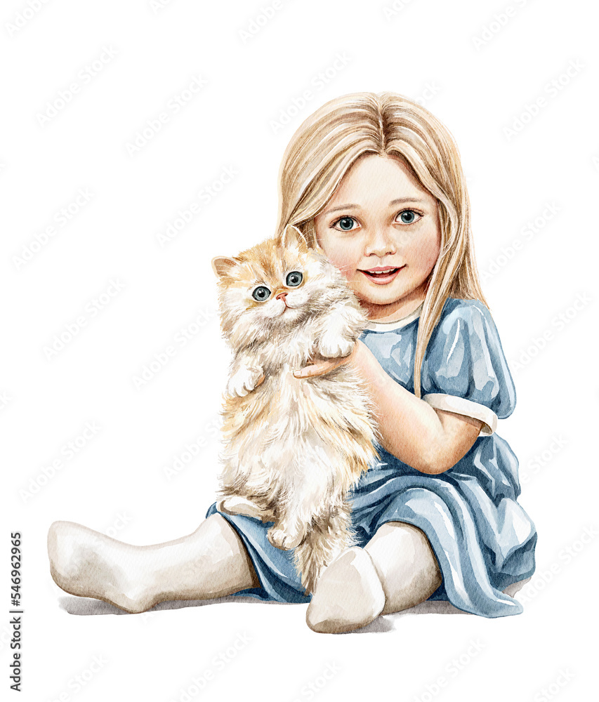 Watercolor imaginary characters cute little girl with blonde hair in blue dress sitting on the floor and holding ginger kitten isolated on white background. Hand drawn illustration sketch Watercolor imaginary characters cute little girl with blonde hair in blue dress sitting on the floor and holding ginger kitten isolated on white background. Hand drawn illustration sketch
