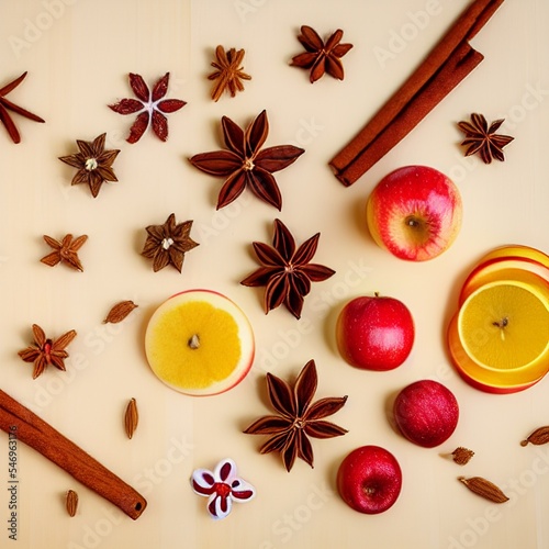 AI-generated Abstract Table Top Image Of Mixed Christmas Spices And Fruits