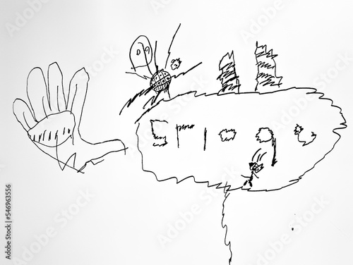 BLACK AND WHITE PHOTO OF KIDS DOODLE DRAWN ON WHITEBOARD WITH BLACK MARKER PEN